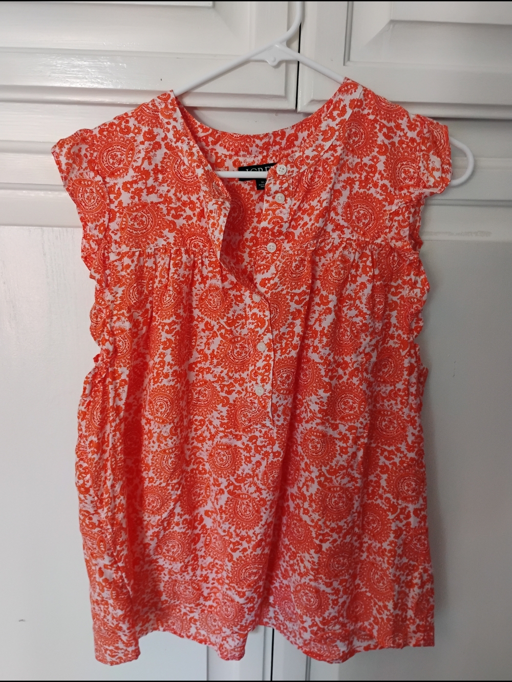 J. Crew Orange and White Printed Cap-Sleeve Blouse